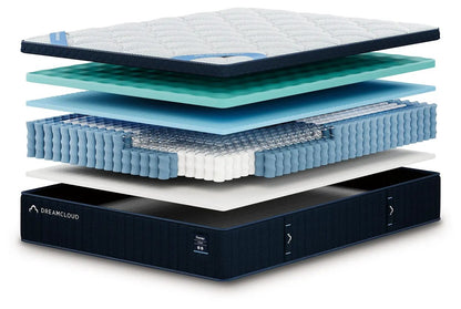 DreamCloud Premier Hybrid Mattress with foam layers and pocketed coils in blue on navy base on Tampa Home & Garden Store