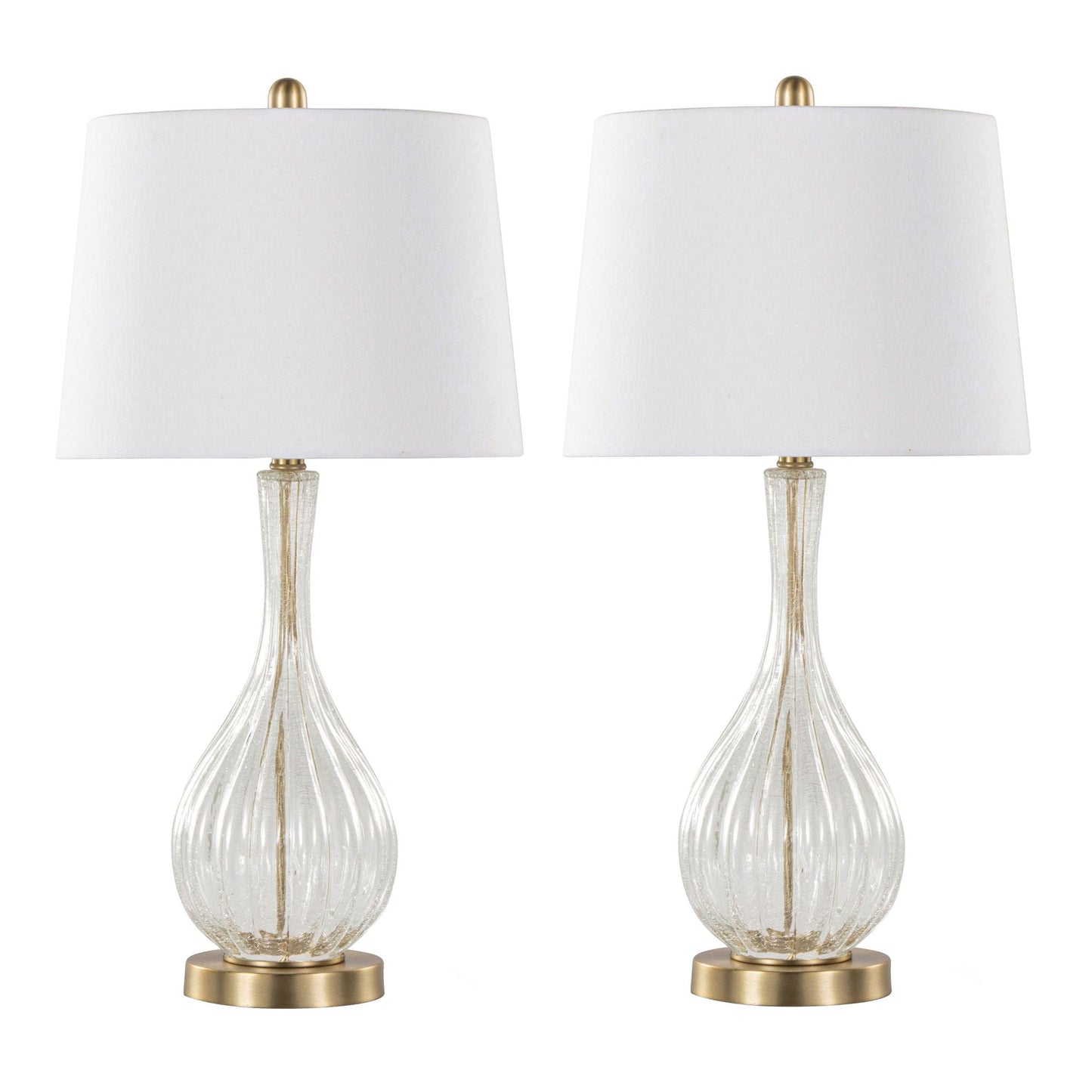 Jenny table lamps set of 2 with white drum shades, clear ribbed glass stems and brass bases on Tampa Home & Garden Store