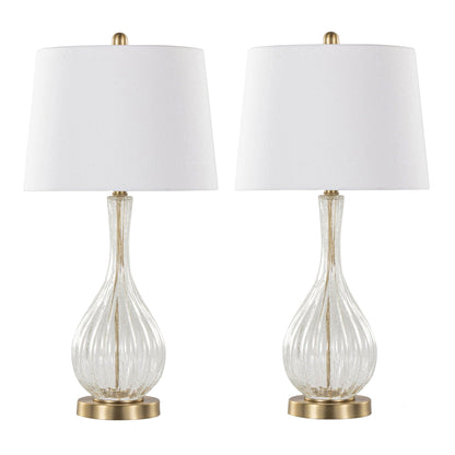 Jenny table lamps set of 2 with white drum shades, clear ribbed glass stems and brass bases on Tampa Home & Garden Store