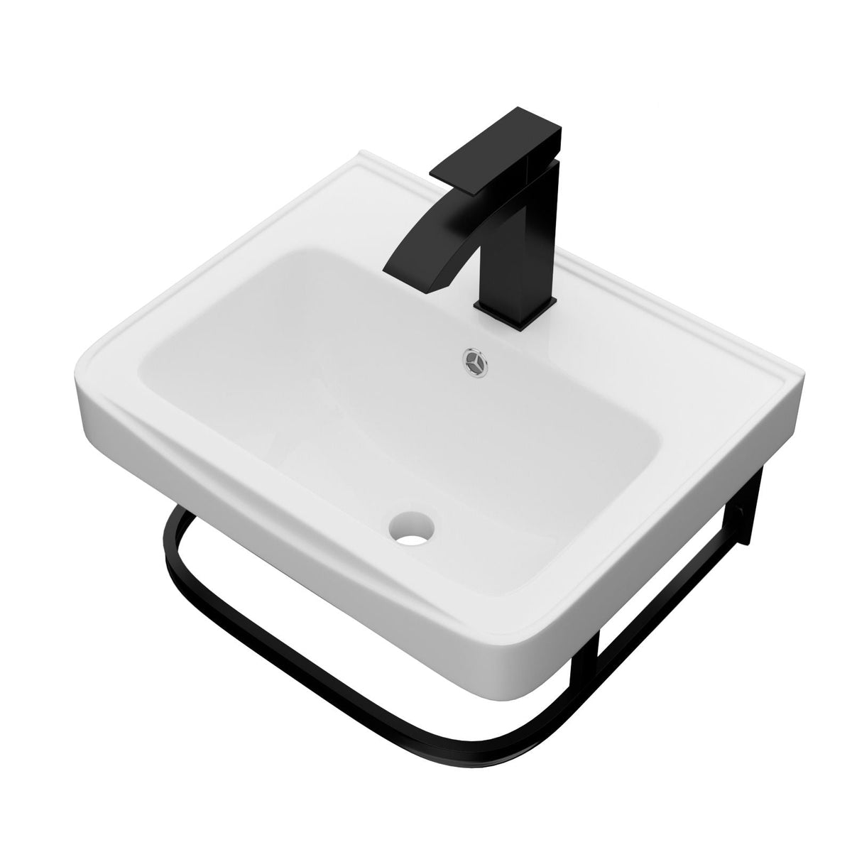 Wall mounted bathroom sink with white basin and black square faucet, towel bar on Tampa Home & Garden Store