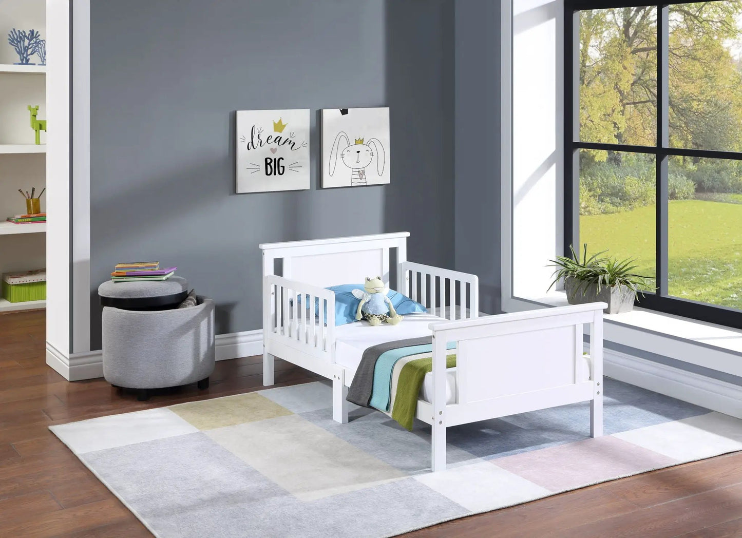 Connelly Reversible Panel Toddler Bed white finish with guard rails by Unique Piece Furniture on Tampa Home & Garden Store