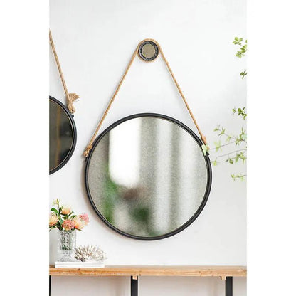 Handsome Cleveland rope-strapped pair of round wall mirrors with black metal frames on Tampa Home & Garden Store