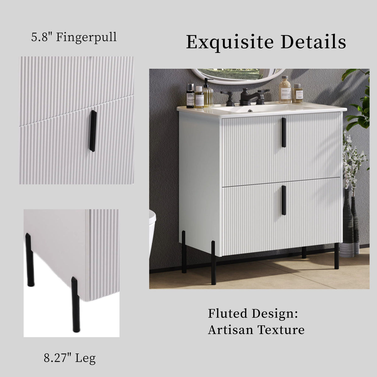 Bathroom vanity with ceramic sink and white fluted cabinet, black legs, HouseOfZazla on Tampa Home & Garden Store
