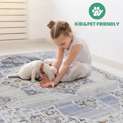 Payas Medallion Rug, blue-gray rug by Unique Piece Furniture with kid and puppy on it on Tampa Home & Garden Store