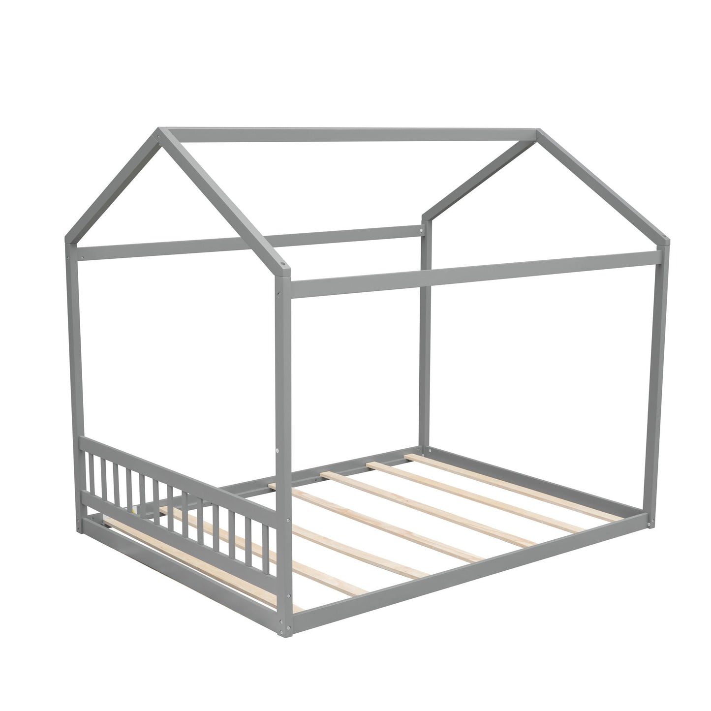 Gray wooden house-style canopy bed frame with headboard and slatted base on Tampa Home & Garden Store
