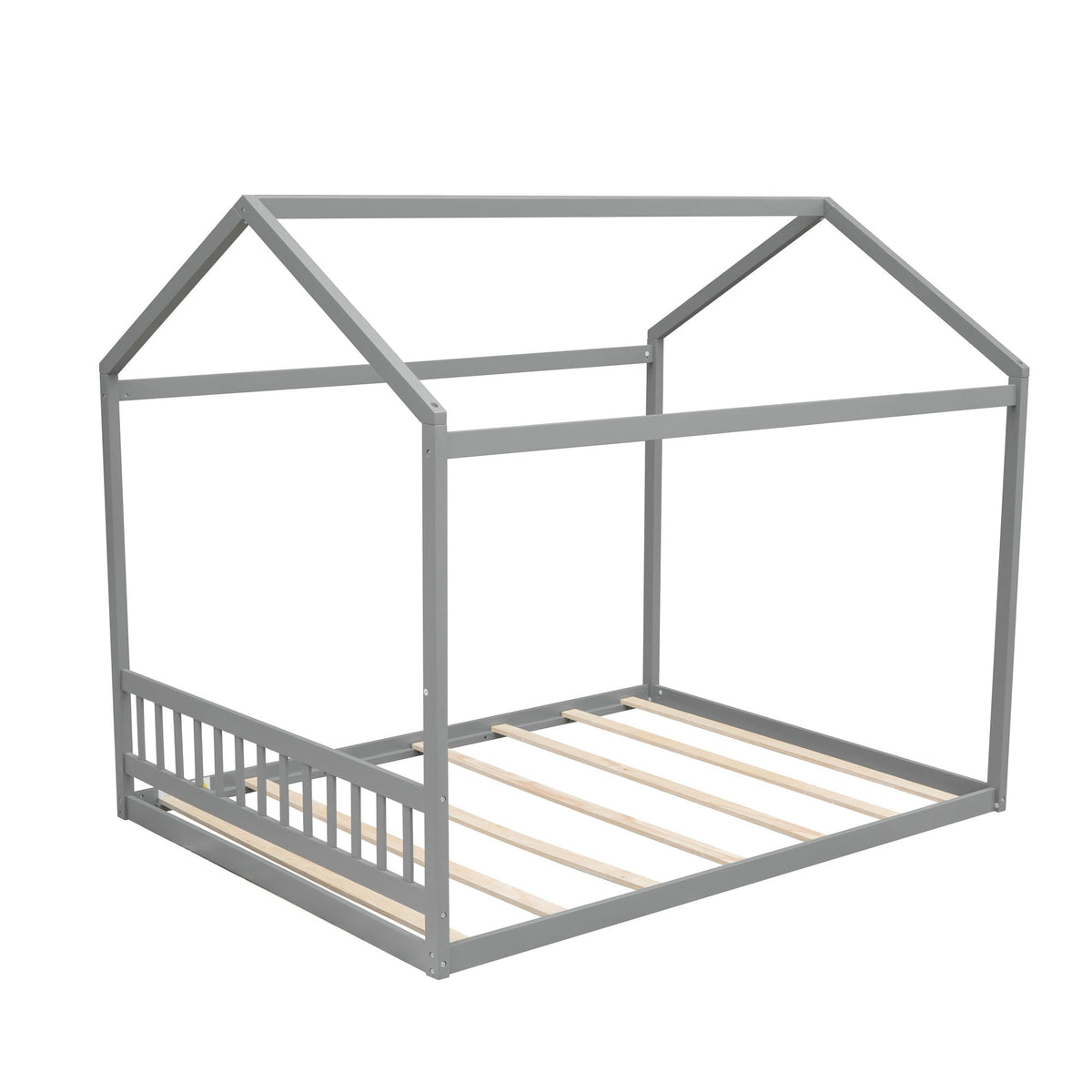 Gray wooden house-style canopy bed frame with headboard and slatted base on Tampa Home & Garden Store