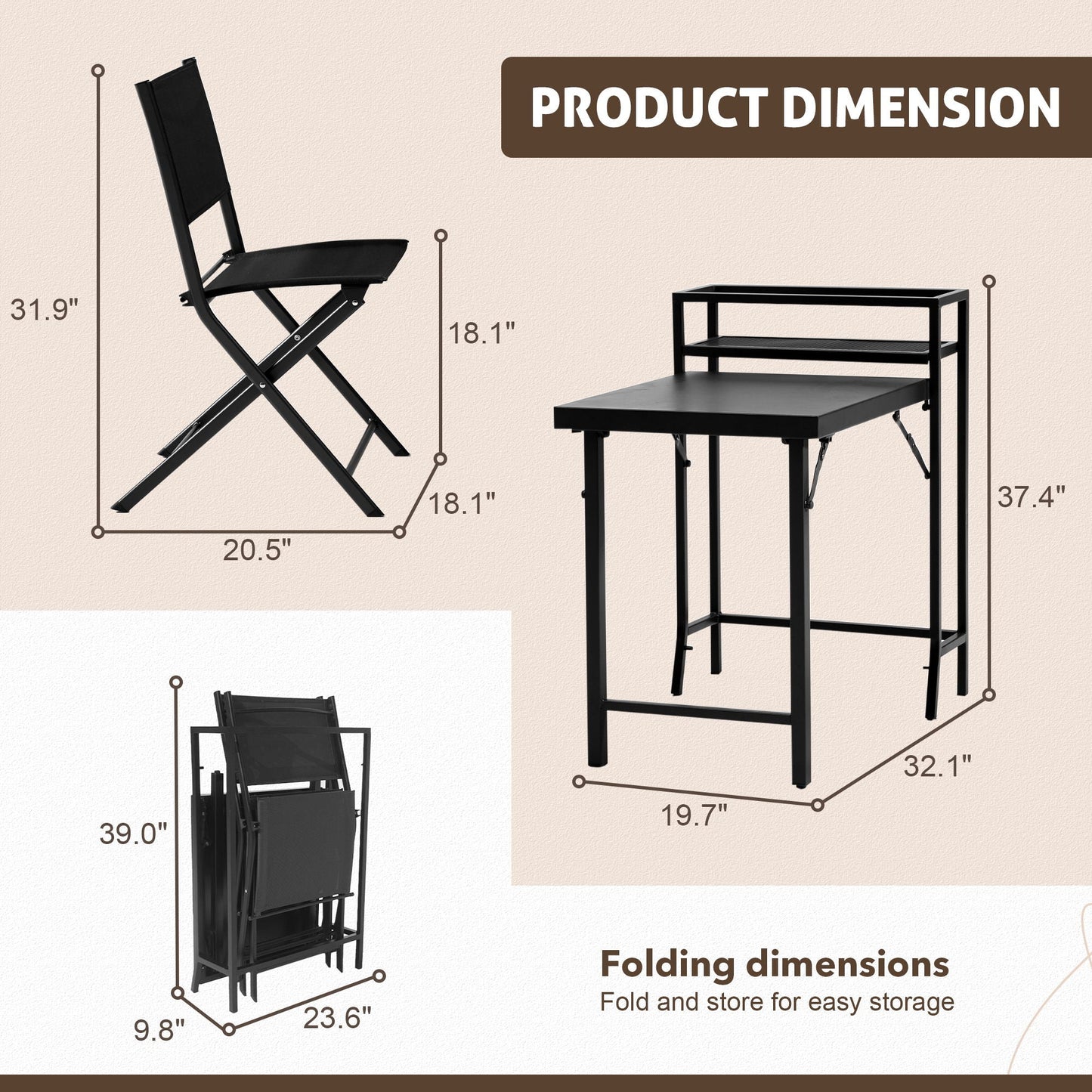Black Folding Patio Bistro Set and Sling Chairs