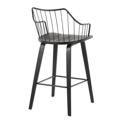 Winston Farmhouse Counter Stool, black metal frame with dark wood seat, 24-27in counter height on Tampa Home & Garden Store