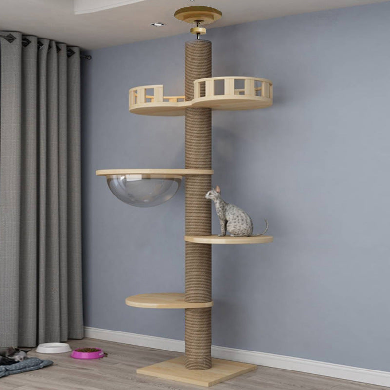 Tongtian Column Climbing Frame Cat Toys beige with sisal-wrapped post and clear bowl on Tampa Home & Garden Store