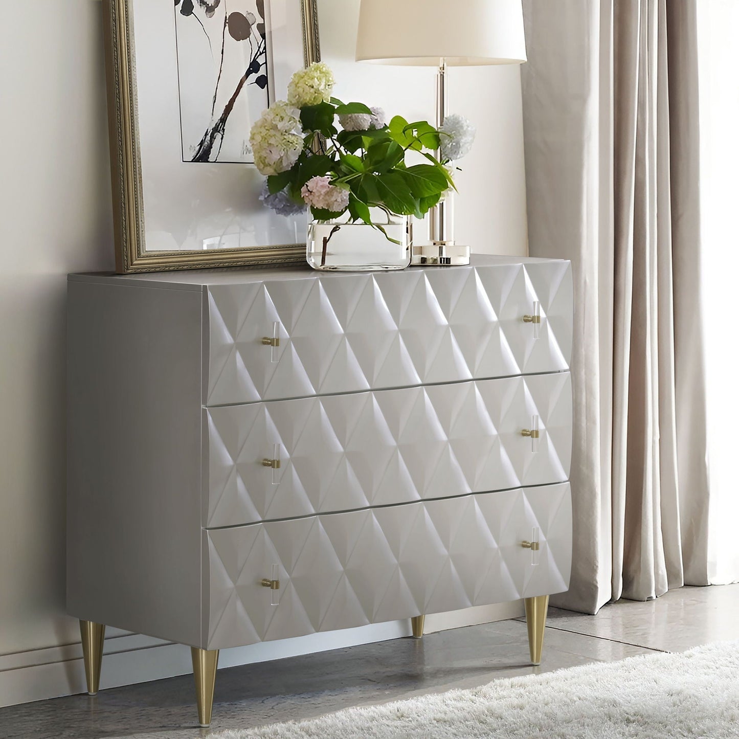 Anson Console Cabinet silver champagne with diamond front and gold legs on Tampa Home & Garden Store