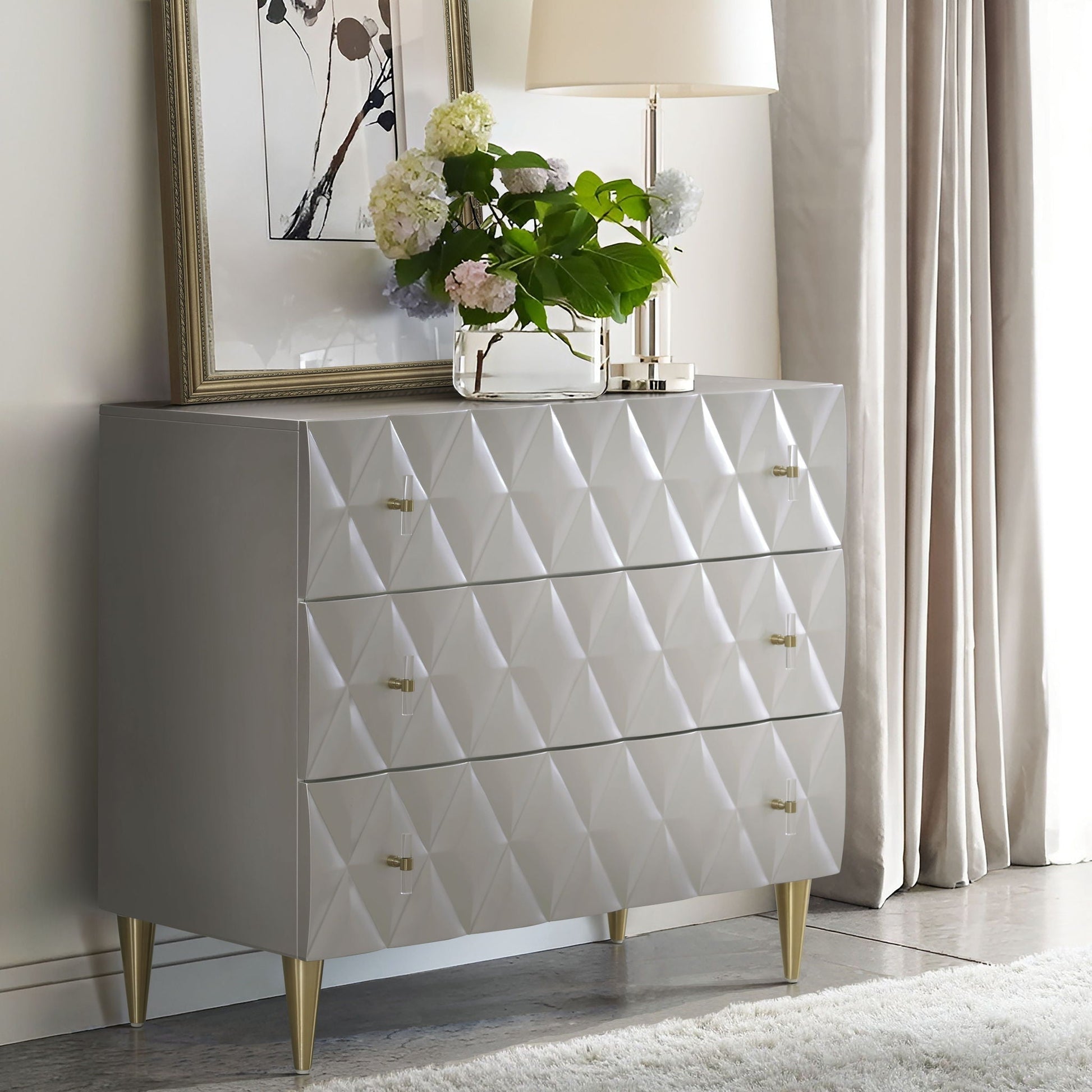 Anson Console Cabinet silver champagne with diamond front and gold legs on Tampa Home & Garden Store