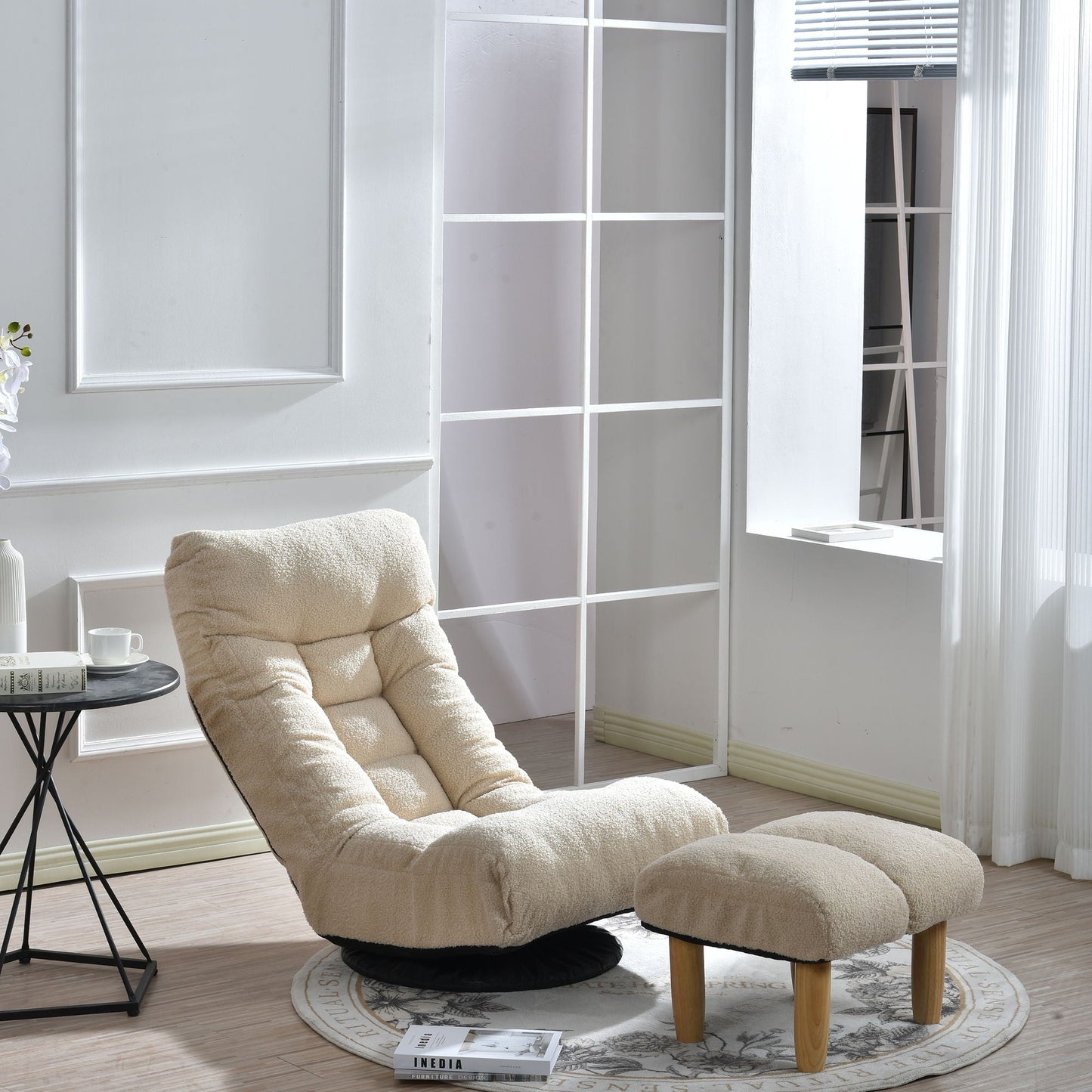 Adjustable Japanese reclining floor chair with ottoman, beige plush fabric, metal frame on Tampa Home & Garden Store