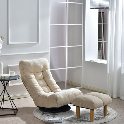 Adjustable Japanese reclining floor chair with ottoman, beige plush fabric, metal frame on Tampa Home & Garden Store