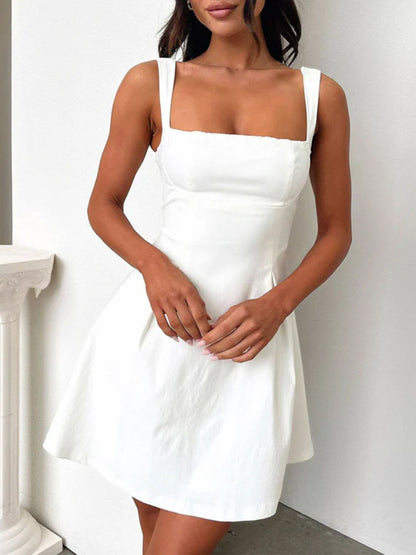 White square-neck mini dress with thick shoulder straps, fitted bodice, and flared skirt on Tampa Home & Garden Store