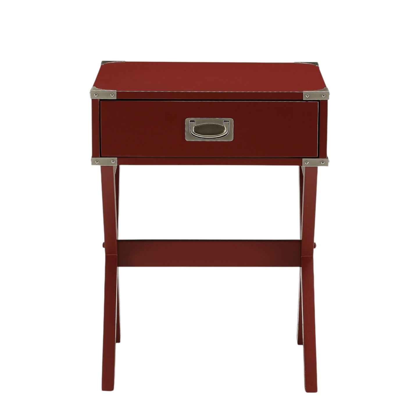 Babs Accent Table burgundy wood with silver metal corner brackets and single drawer handle on Tampa Home & Garden Store