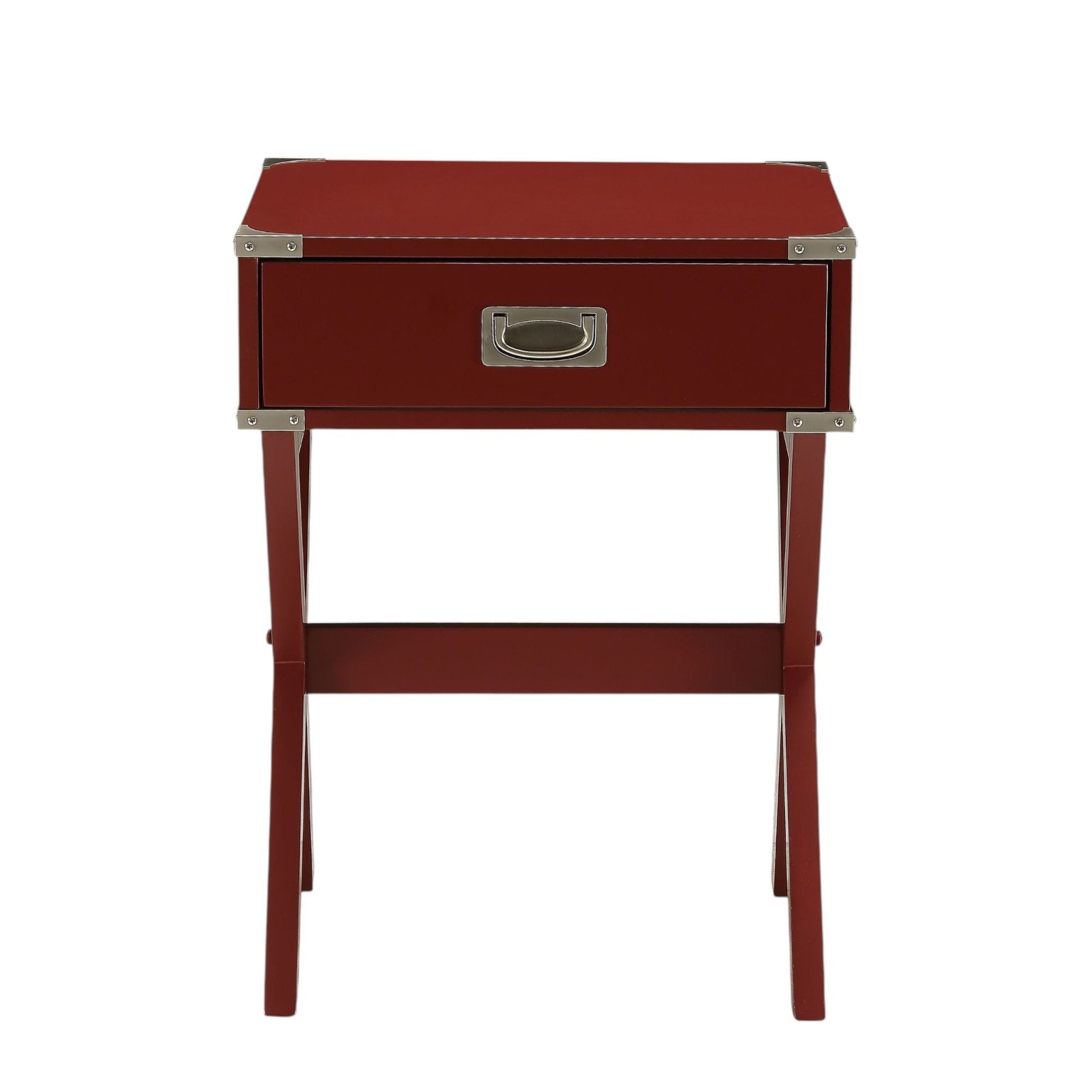 Babs Accent Table burgundy wood with silver metal corner brackets and single drawer handle on Tampa Home & Garden Store