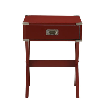 Babs Accent Table burgundy wood with silver metal corner brackets and single drawer handle on Tampa Home & Garden Store