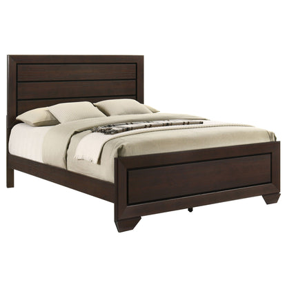 Harrison Queen Panel Bed dark brown wood with 3-panel headboard and beige bedding HouseOfZazla on Tampa Home & Garden Store