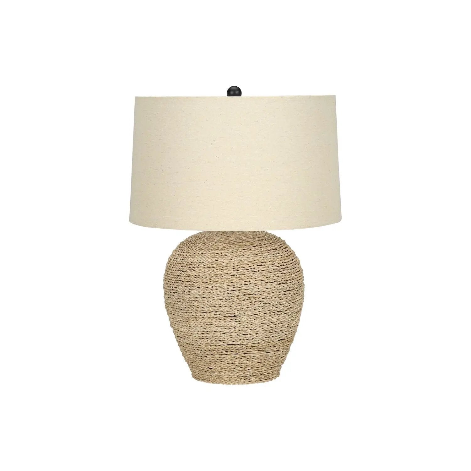Table lamp with natural tan rattan woven base and beige fabric shade on Tampa Home & Garden Store