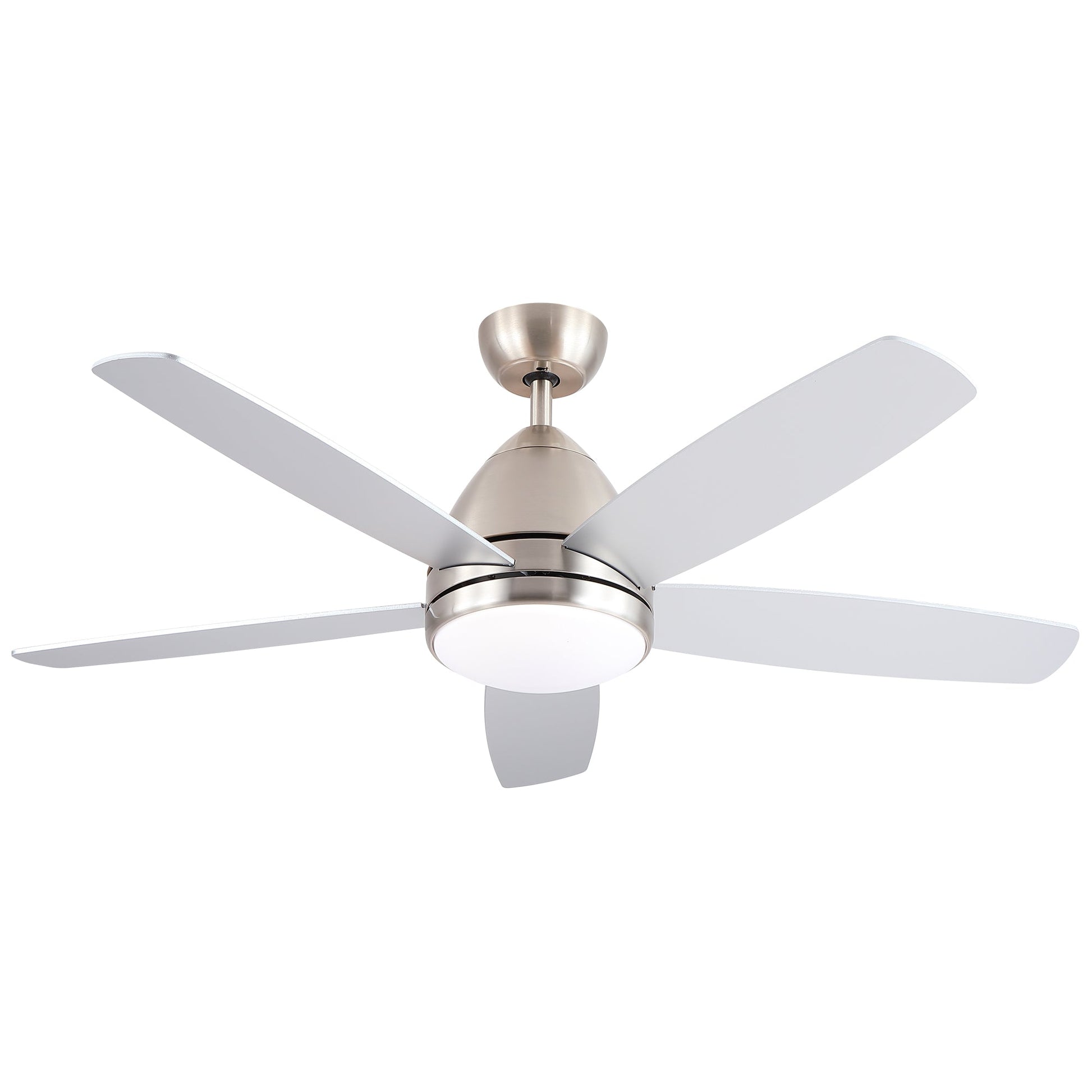 52 in brushed nickel ceiling fan with integrated LED light kit and remote, white blades on Tampa Home & Garden Store