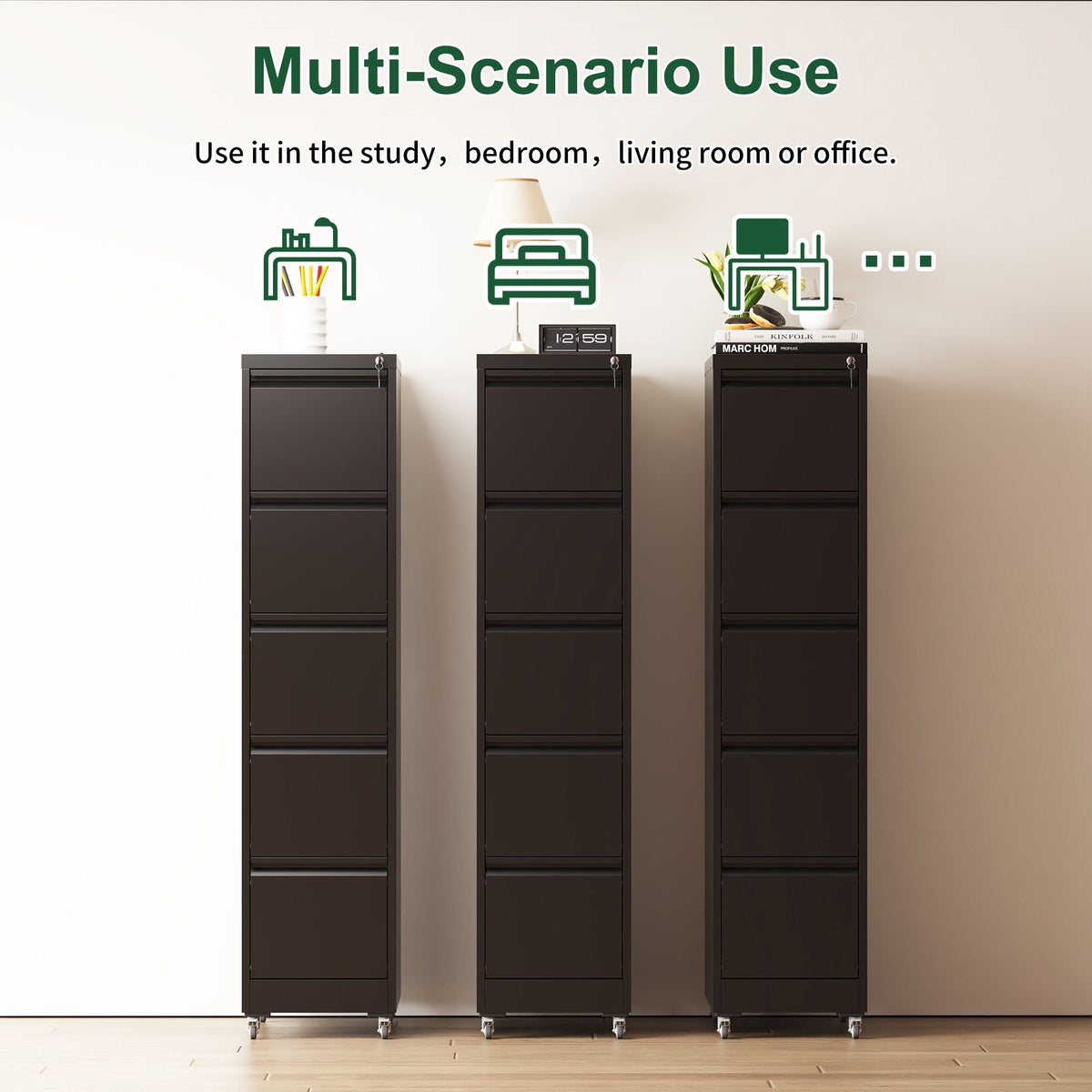 Three black metal vertical filing cabinets with locking drawers and wheels HouseOfZazla on Tampa Home & Garden Store