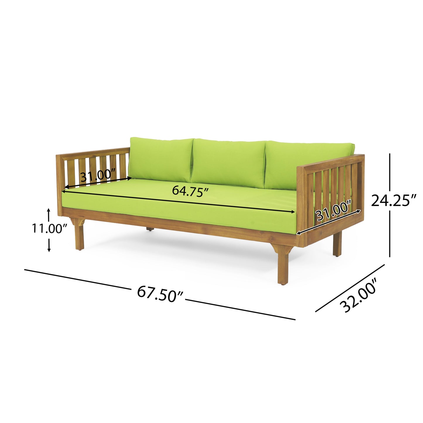 Claremont 3 Seater Daybed with Acacia Wood Table set in natural wood and lime cushions on Tampa Home & Garden Store