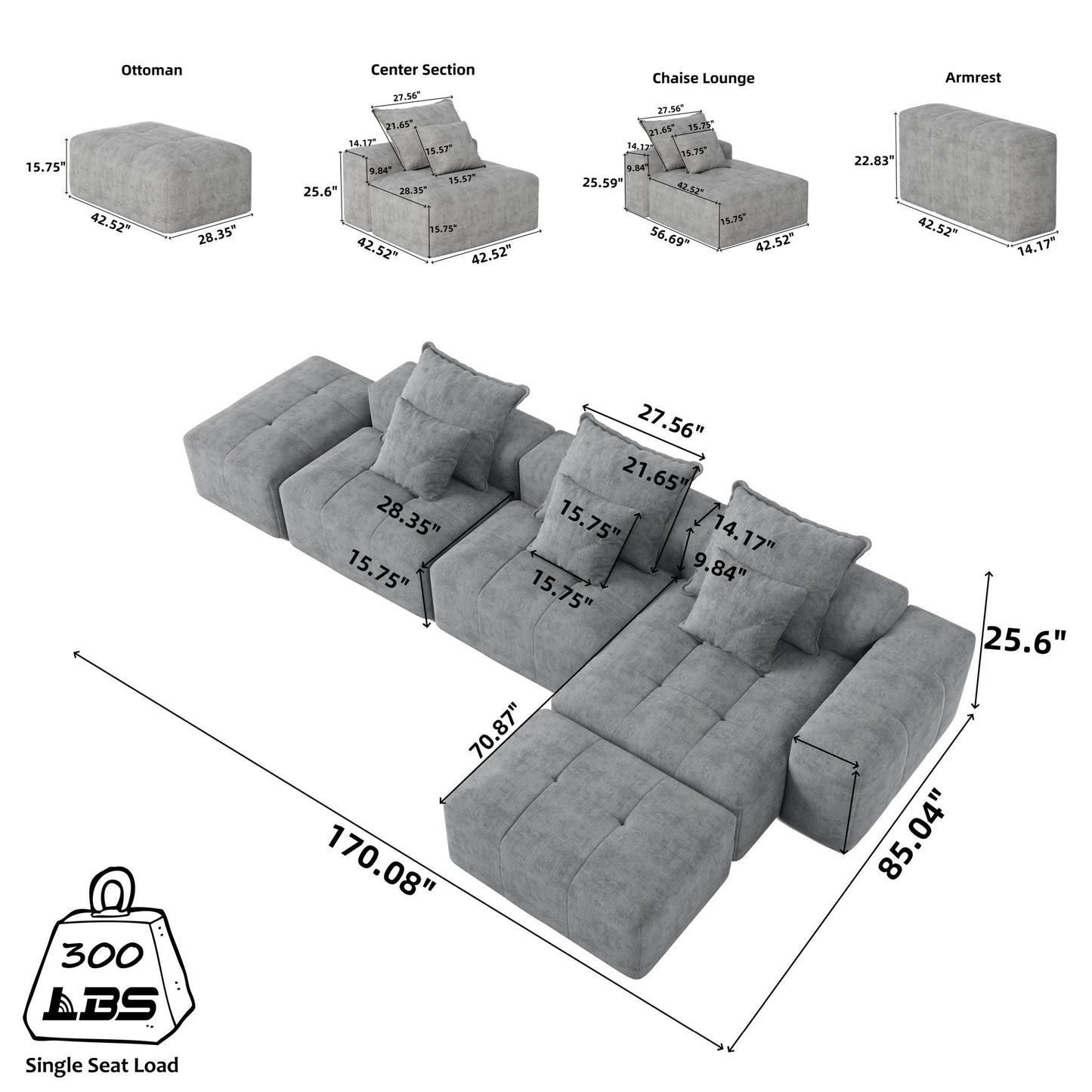 Modern oversized DIY modular sectional sofa with pillows in gray by HouseOfZazla, layout on Tampa Home & Garden Store