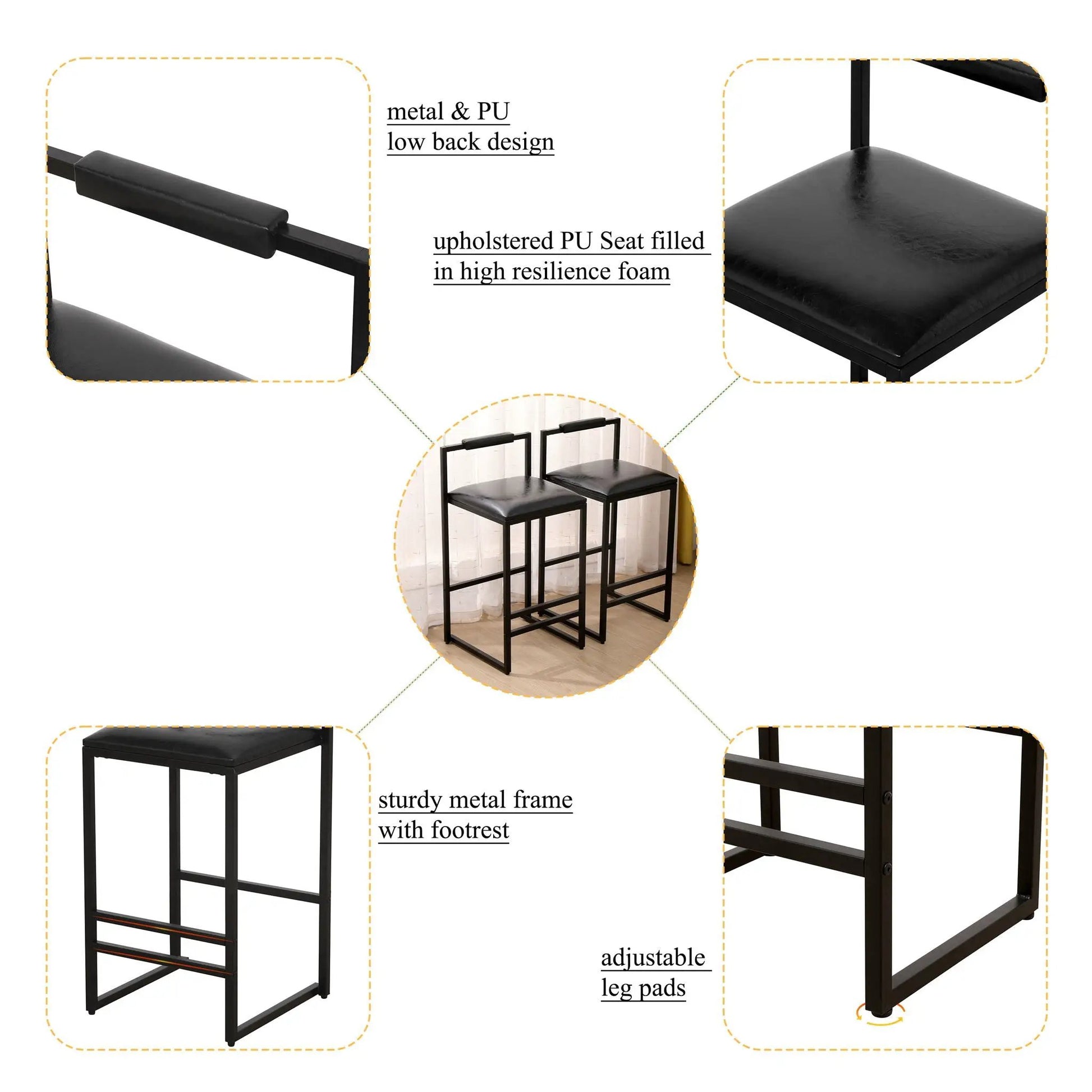Elegant bar stool set, counter height, backrest and footrest, black PU upholstery, set of 2 on Tampa Home & Garden Store