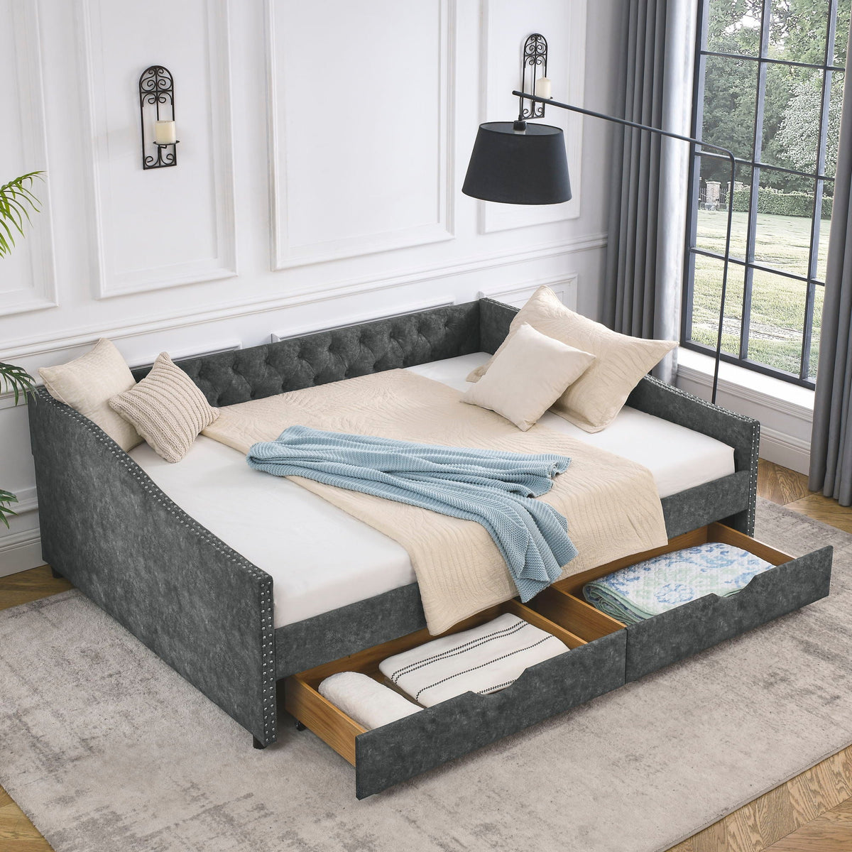 Upholstered Tufted Daybed with Storage Drawers