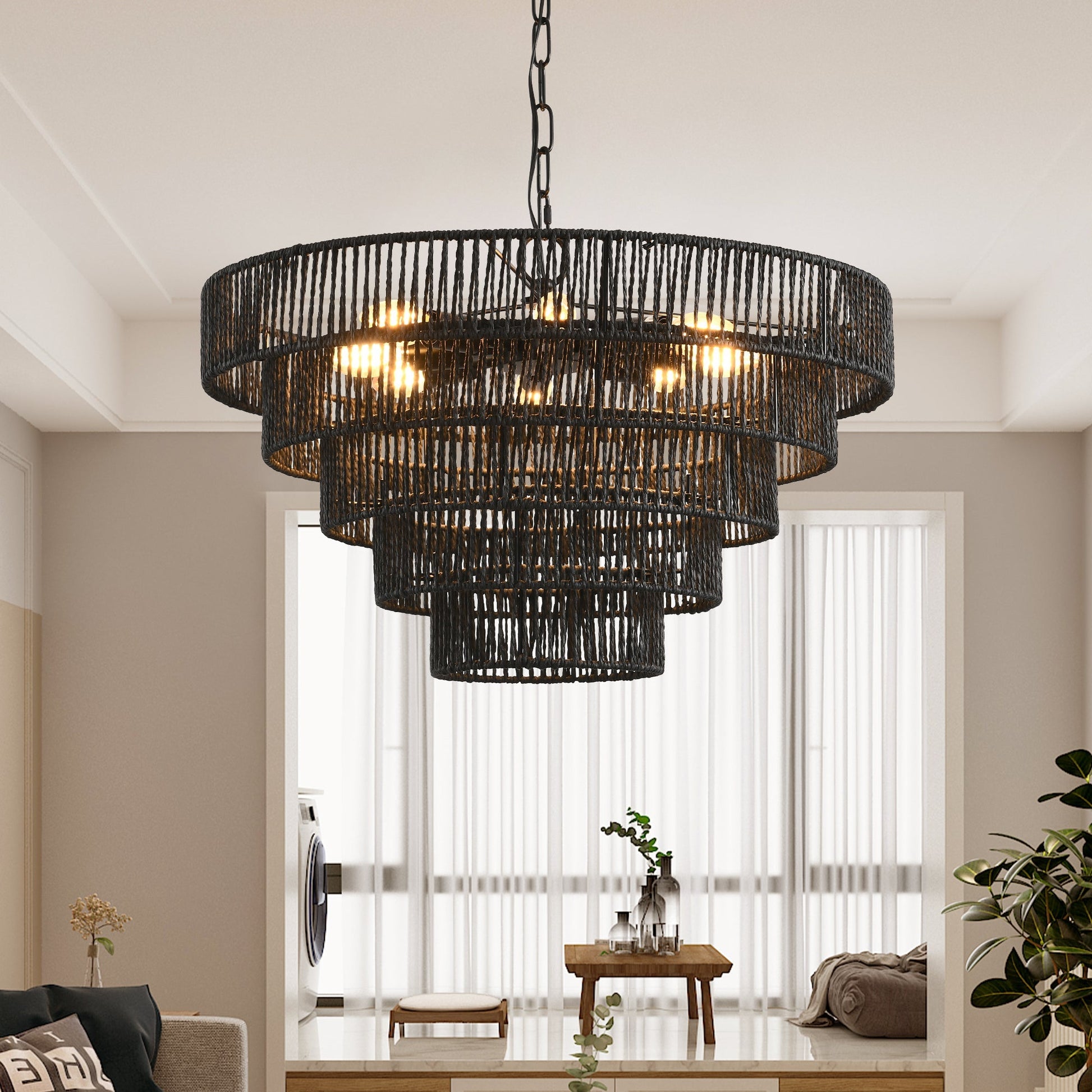 24in Rustic 5-Tier Black Hemp Rope Pendant Chandelier with chain suspension on Tampa Home & Garden Store