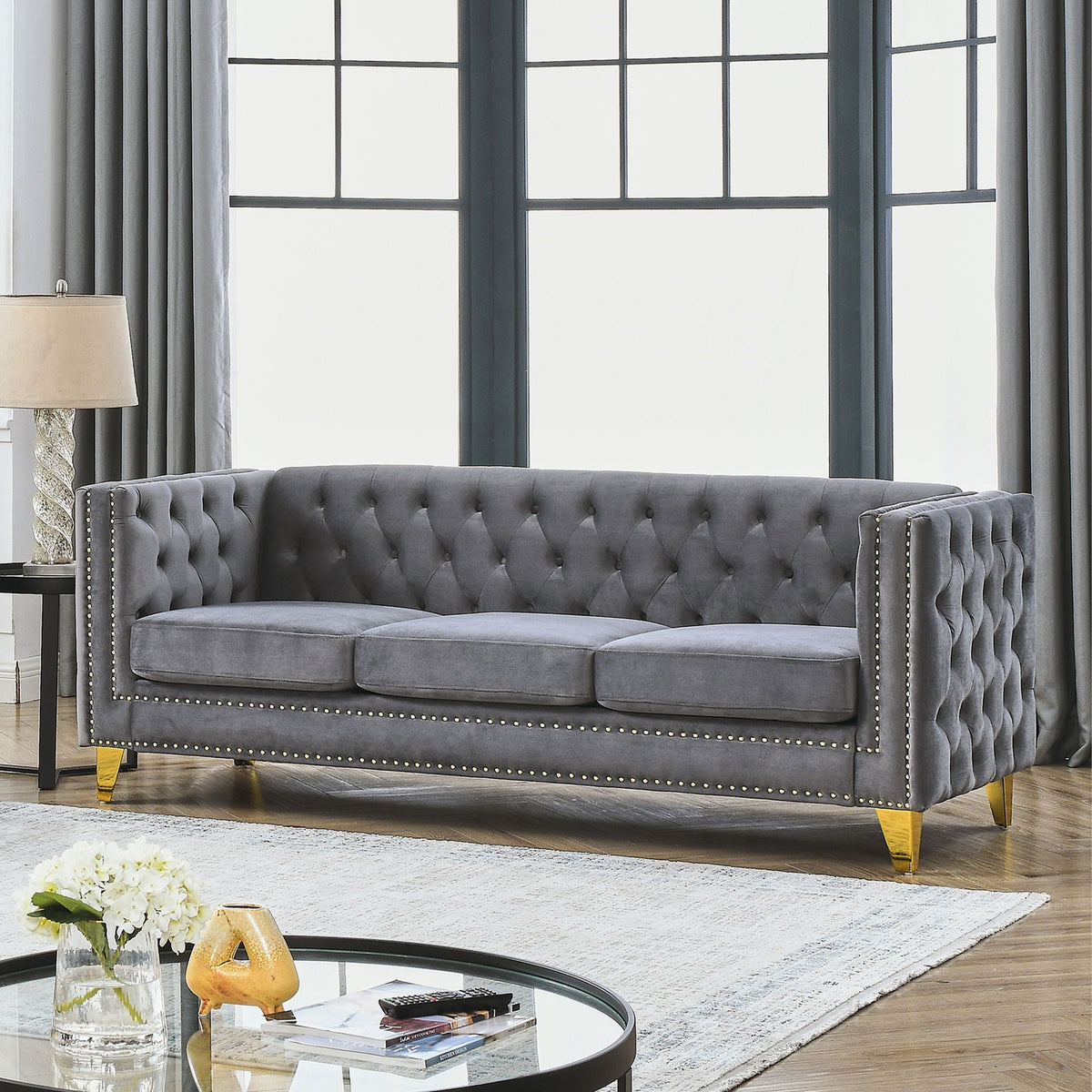 Modern Button Tufted Sofa With Nailhead Trim