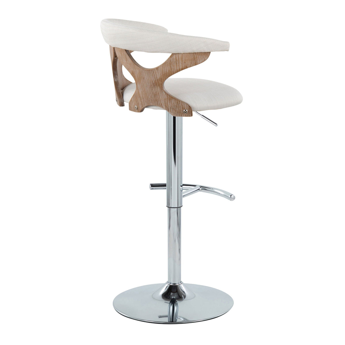 Contemporary adjustable barstool with swivel, beige upholstered seat, curved wood frame on Tampa Home & Garden Store
