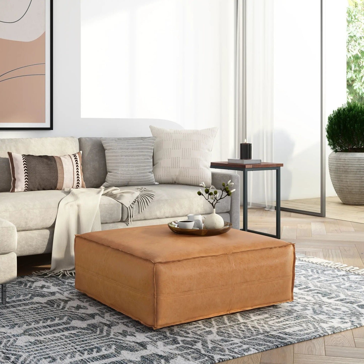 Brody large square coffee table pouf tan leather-look by Unique Piece Furniture on Tampa Home & Garden Store