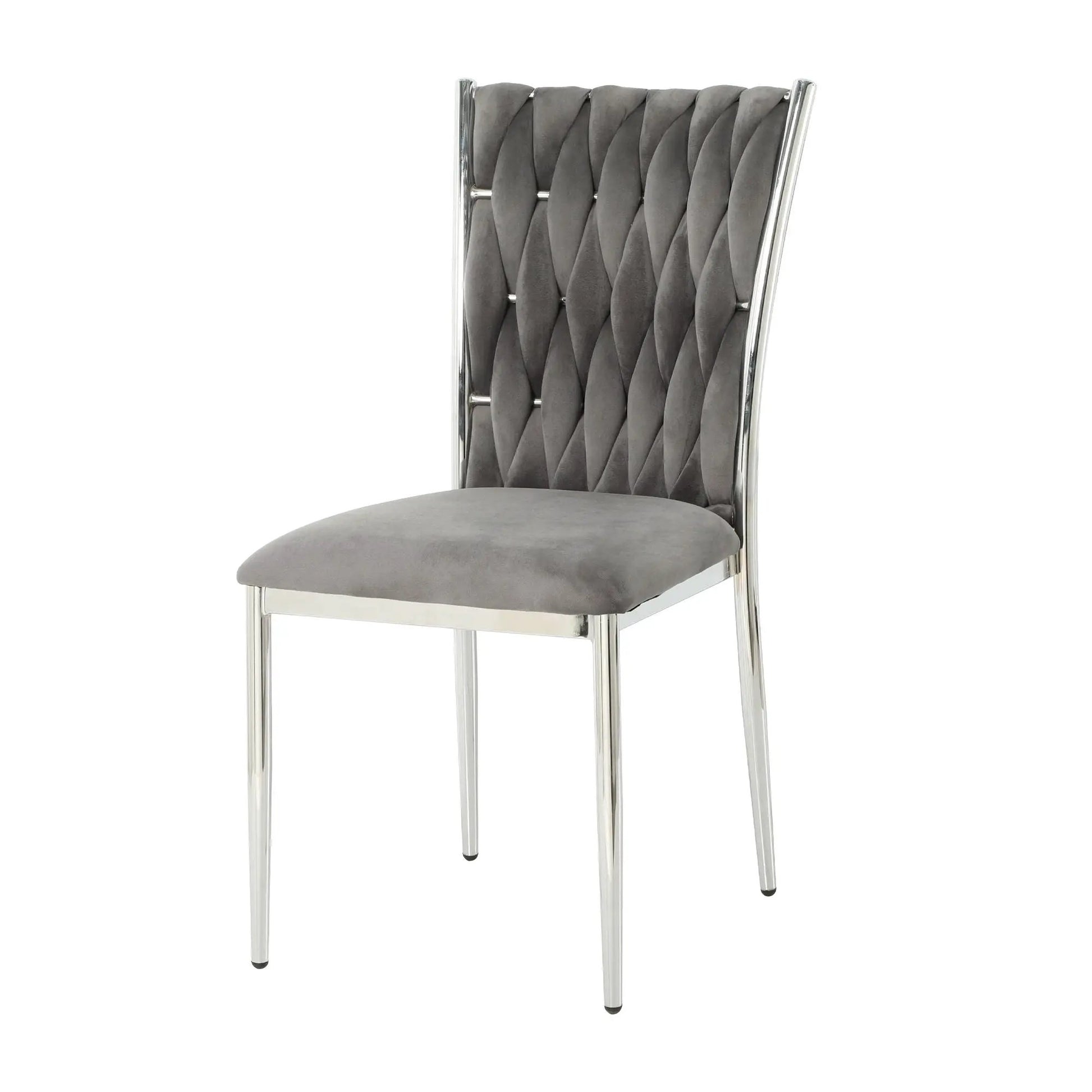 Modern dining chair with grey velvet tufted back and chrome frame on Tampa Home & Garden Store