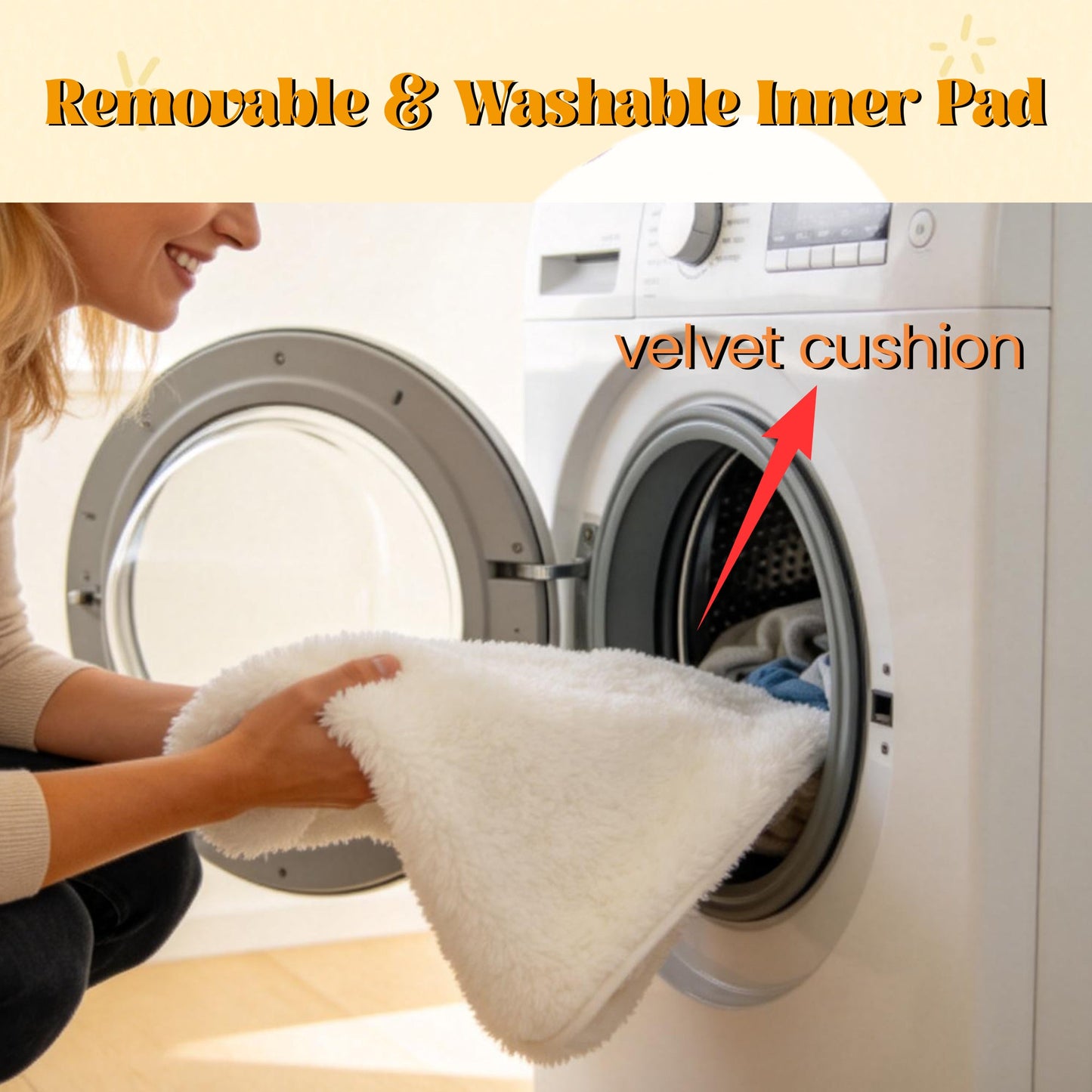 Front-loading washing machine with a fluffy white towel being loaded by a smiling person on Tampa Home & Garden Store