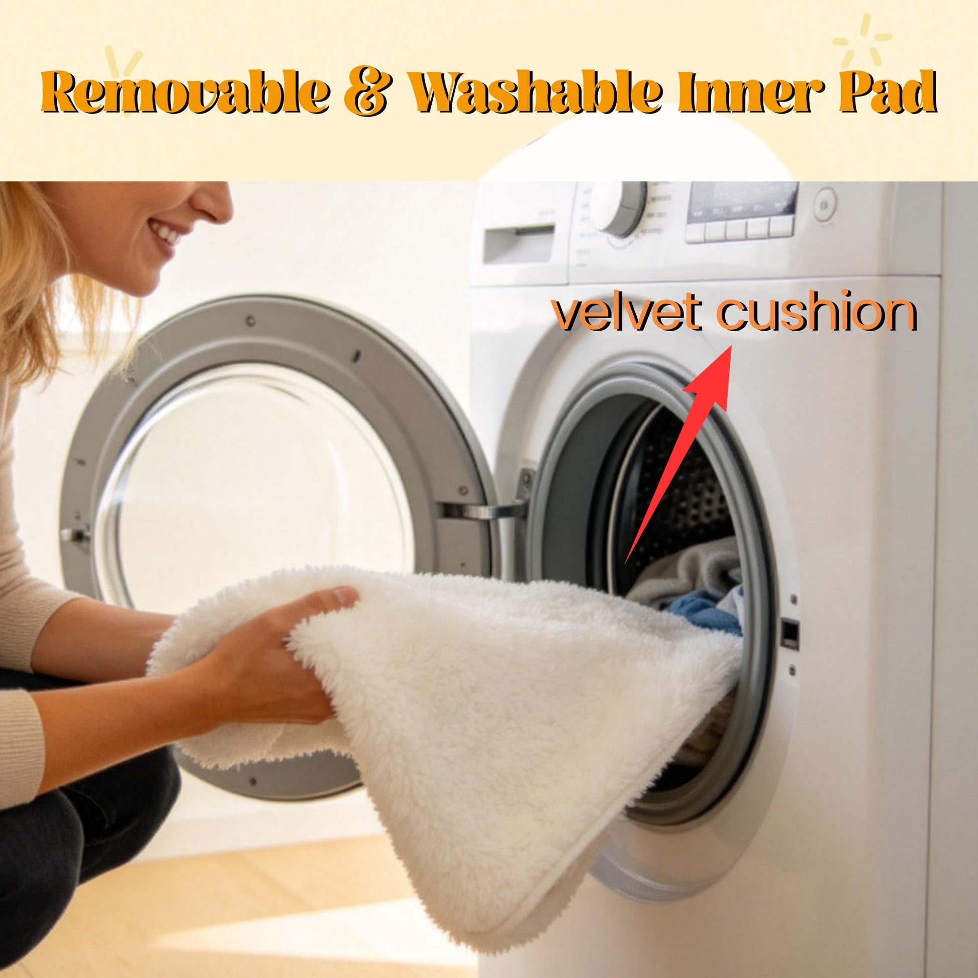 Front-loading washing machine with a fluffy white towel being loaded by a smiling person on Tampa Home & Garden Store