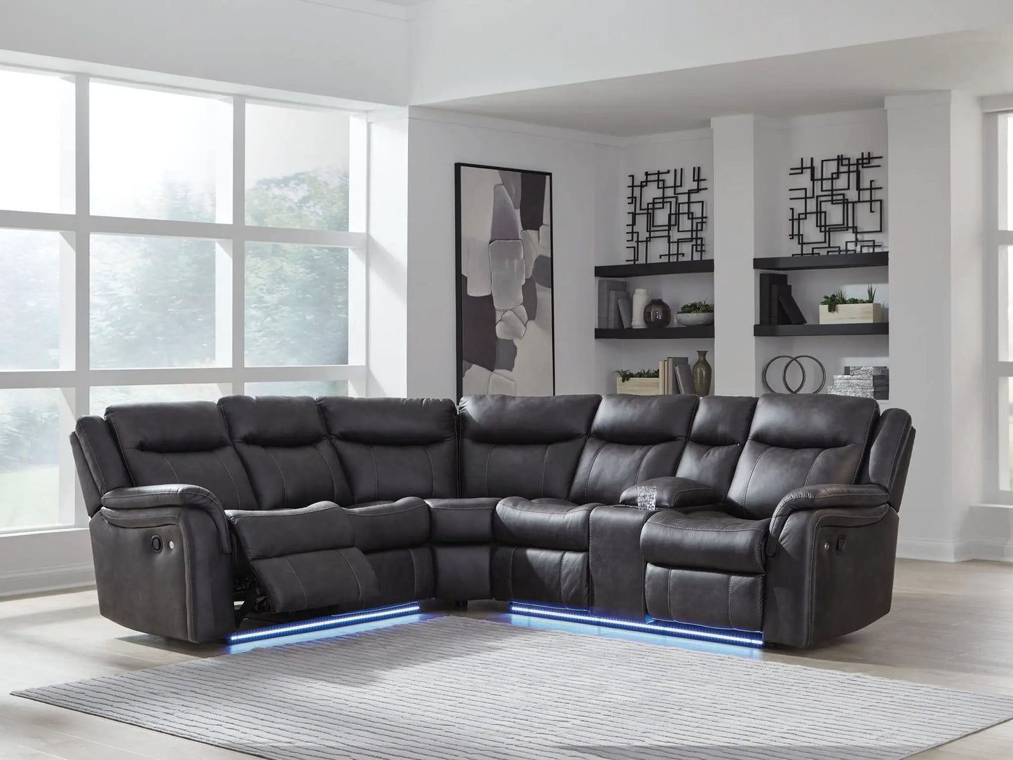 Sultan Meadow 2-Piece Carbon reclining sectional in charcoal leather with power recline on Tampa Home & Garden Store