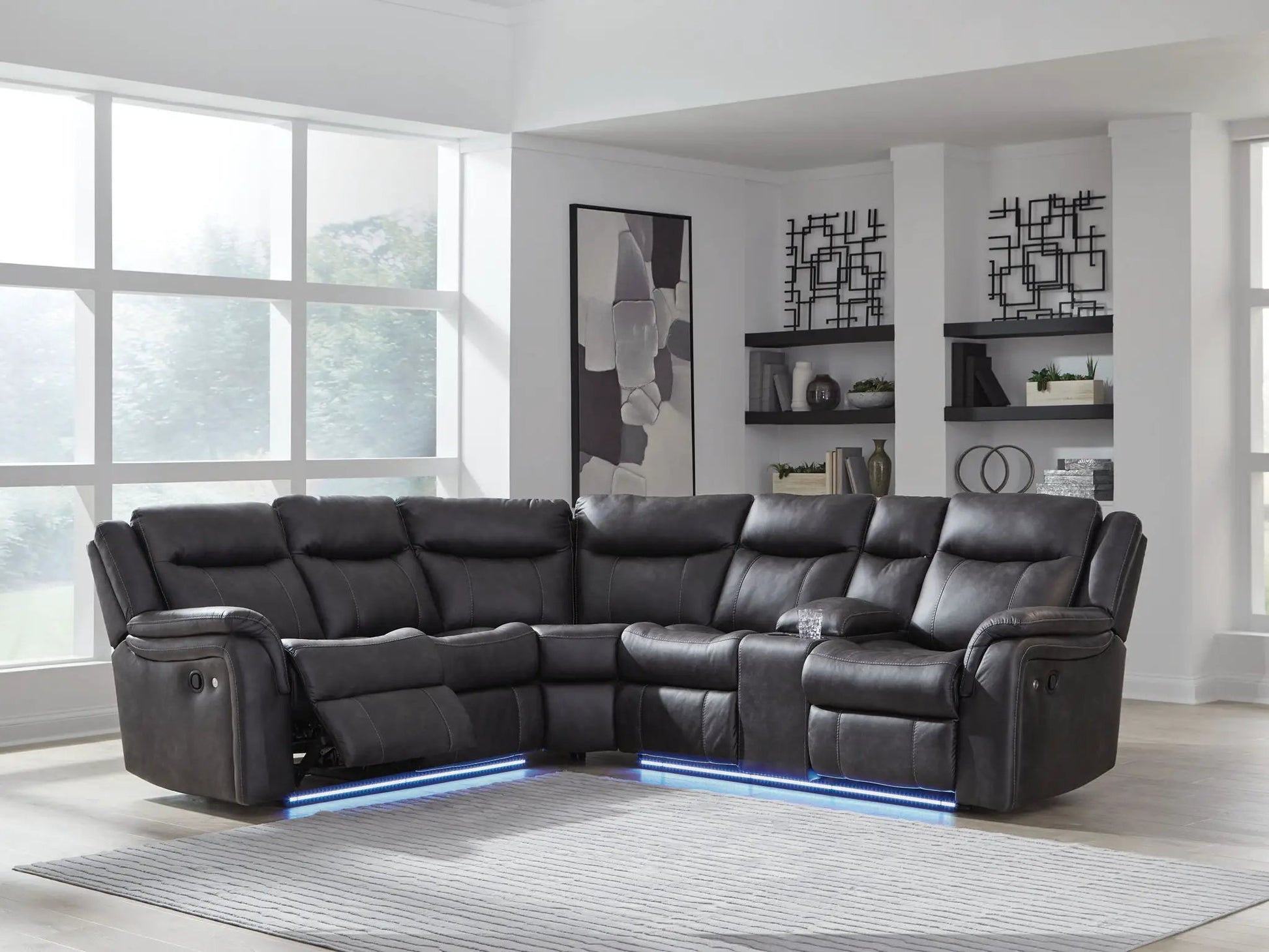 Sultan Meadow 2-Piece Carbon reclining sectional in charcoal leather with power recline on Tampa Home & Garden Store