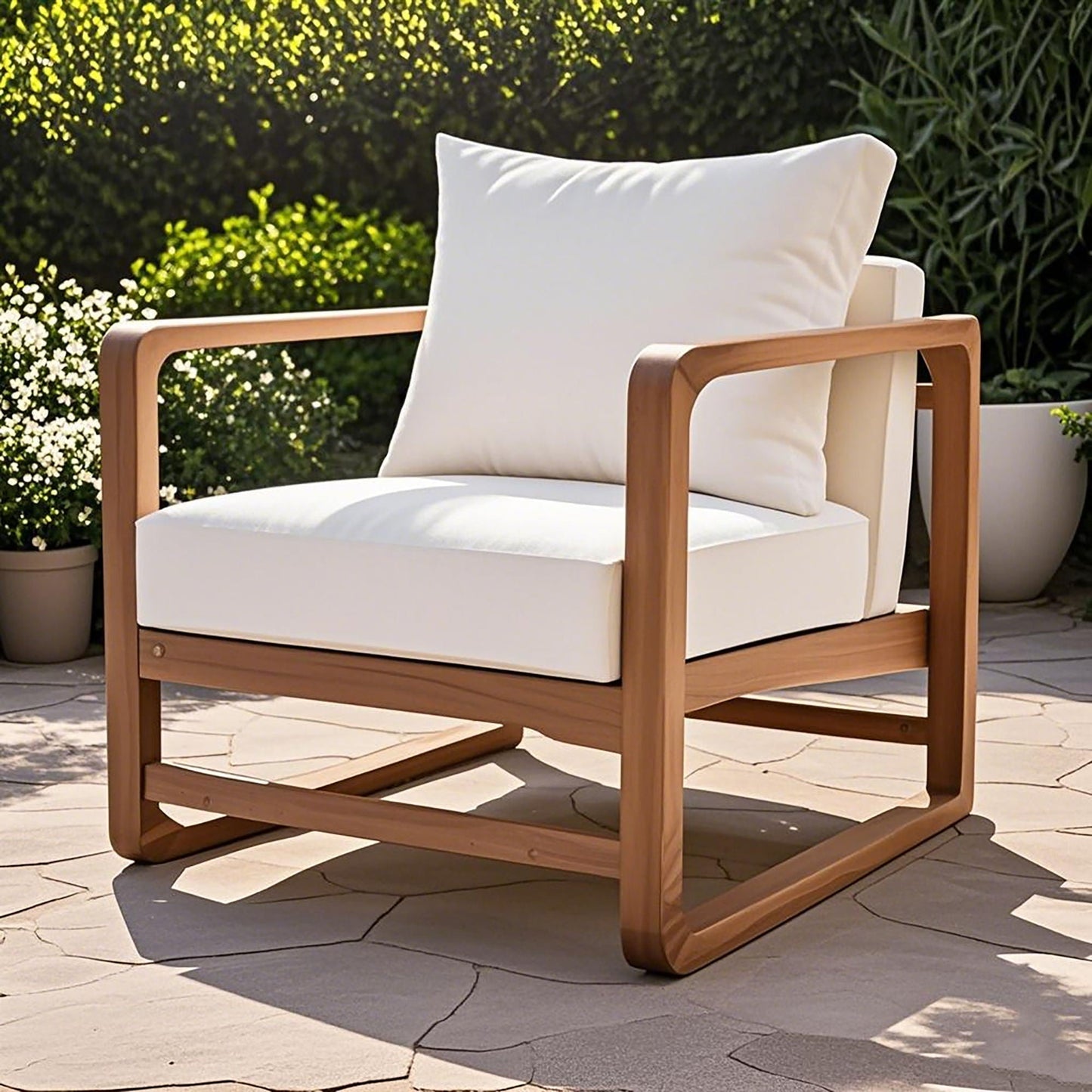 Outdoor lounge chair with oversized white cushions, wooden frame, HouseOfZazla on Tampa Home & Garden Store