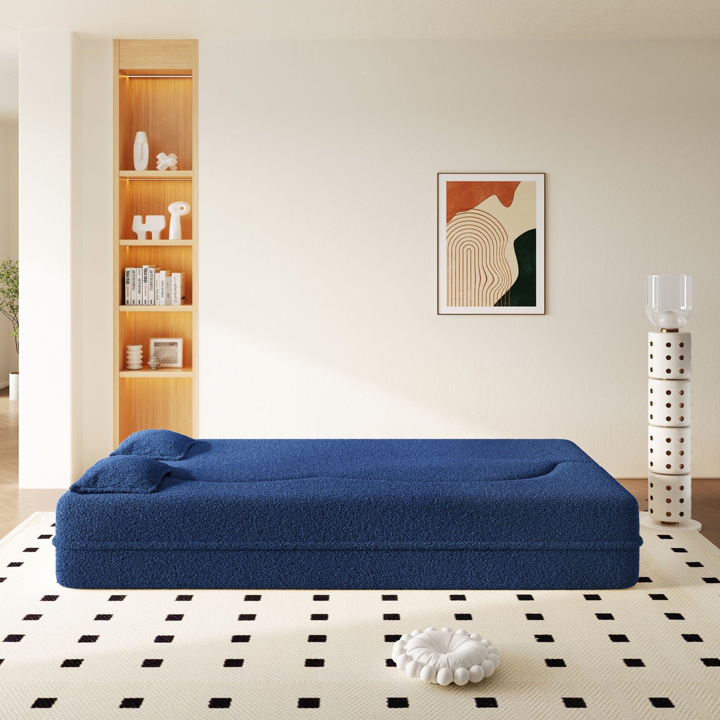 Modern Floor Sleeper Sofa Bed And Two Pillows