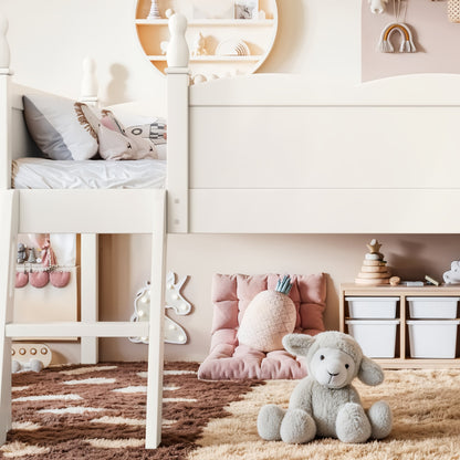 Full Size Low Loft Bed with Full-Length Guardrails white frame in a kids room with toys on Tampa Home & Garden Store