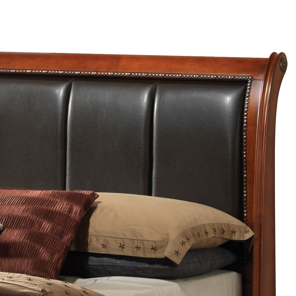 Lavita storage bed headboard in warm wood with black tufted leather panels and nailhead trim on Tampa Home & Garden Store