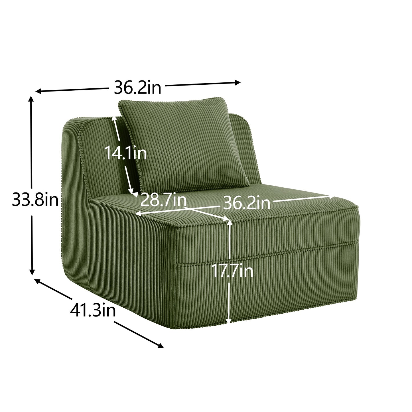 Modular Green Corduroy Armless Sofa and Pillow
