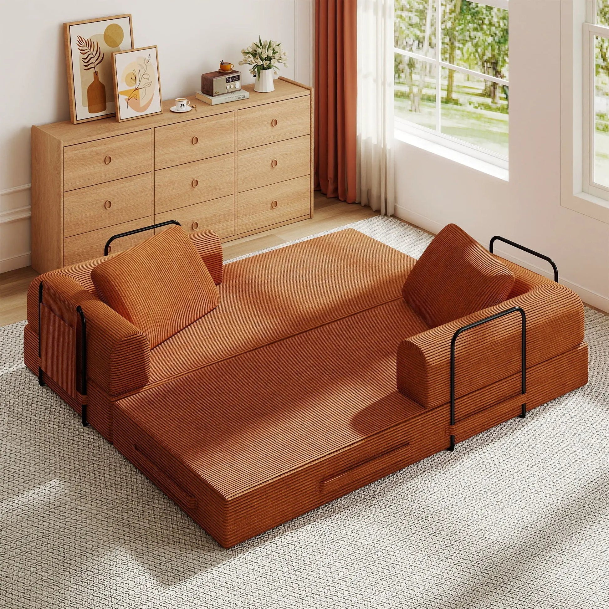 Convertible sleeper sofa bed with cylindrical pillow in orange fabric, fixed frame, 2 seats on Tampa Home & Garden Store