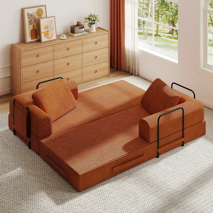 Convertible sleeper sofa bed with cylindrical pillow in orange fabric, fixed frame, 2 seats on Tampa Home & Garden Store