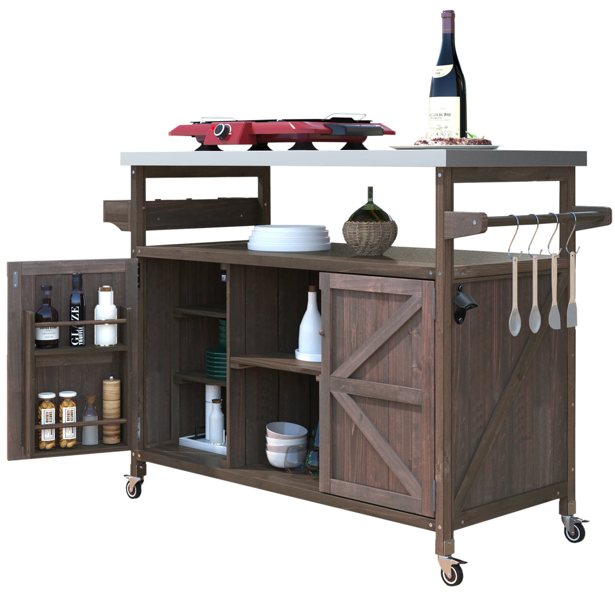 K&K Outdoor Kitchen Island with rolling bar cart in dark wood, white top, red grill on Tampa Home & Garden Store