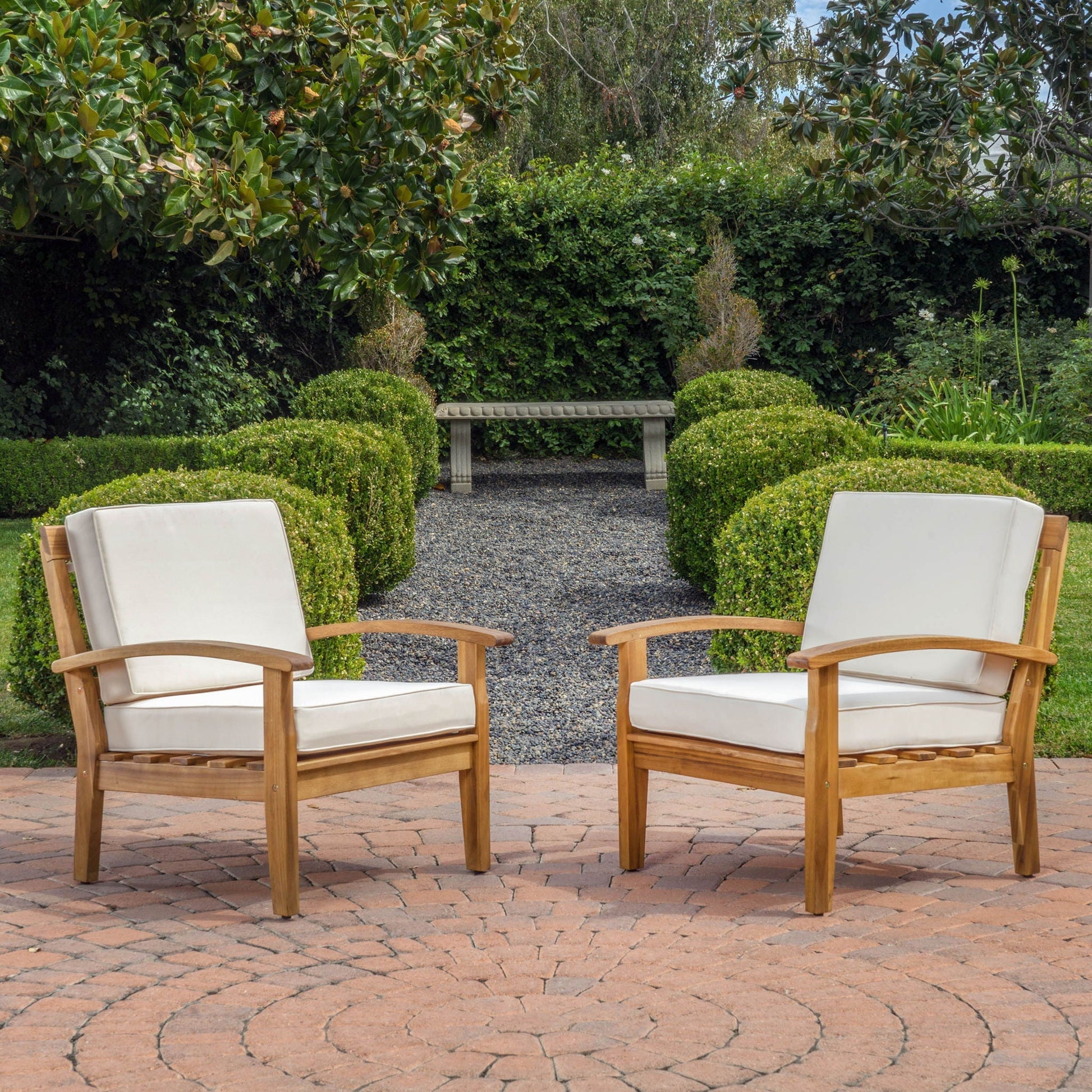 Outdoor club chair with cream cushions and acacia teak wood frame, 2-pack on Tampa Home & Garden Store