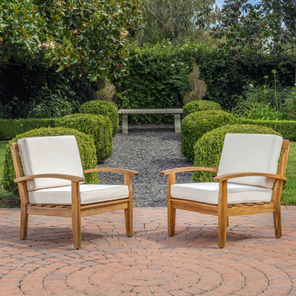 Outdoor club chair with cream cushions and acacia teak wood frame, 2-pack on Tampa Home & Garden Store