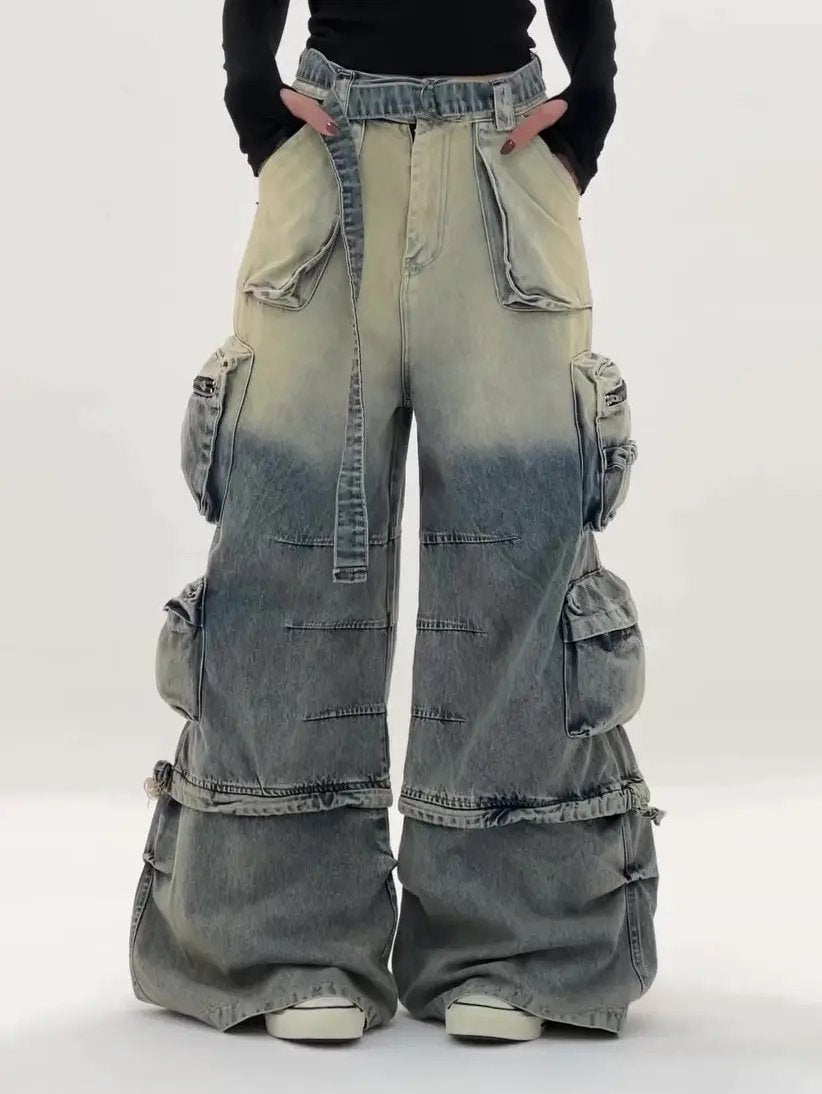 High-waisted ombre cargo jeans with multiple pockets and wide legs, gradient denim, FLIPSTYLEZLLC on Tampa Home & Garden Store
