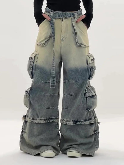 High-waisted ombre cargo jeans with multiple pockets and wide legs, gradient denim, FLIPSTYLEZLLC on Tampa Home & Garden Store